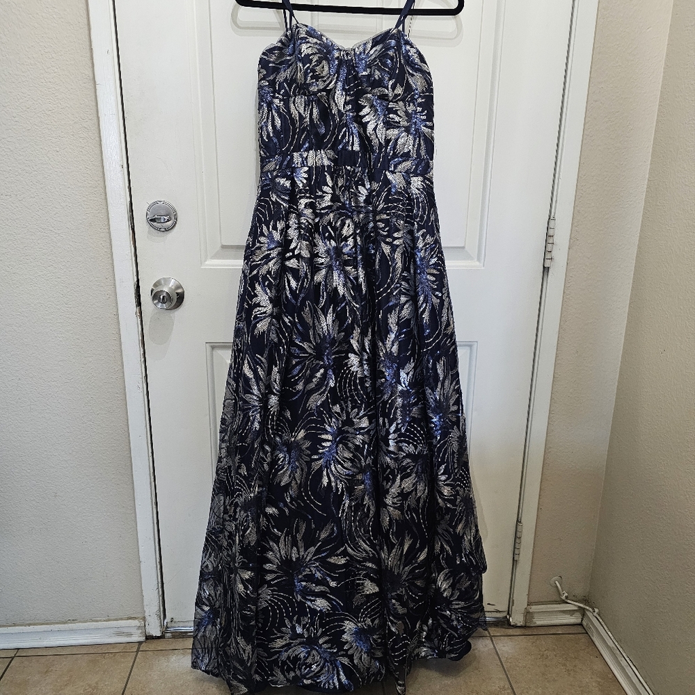 Elegant Blue and Silver Floral Maxi Dress